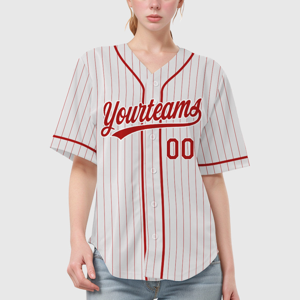 Custom White Red Red Piping Pinstripe Baseball Jersey