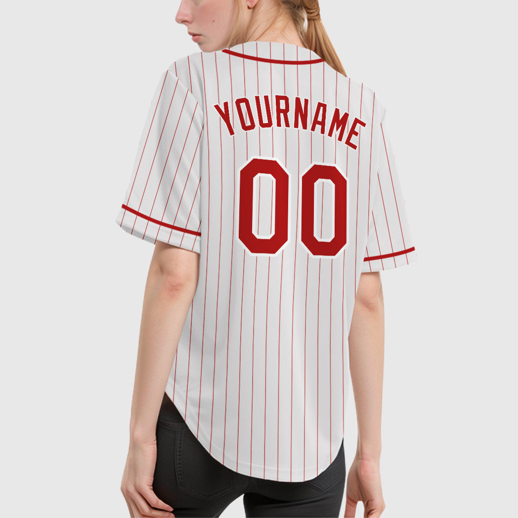 Custom White Red Red Piping Pinstripe Baseball Jersey