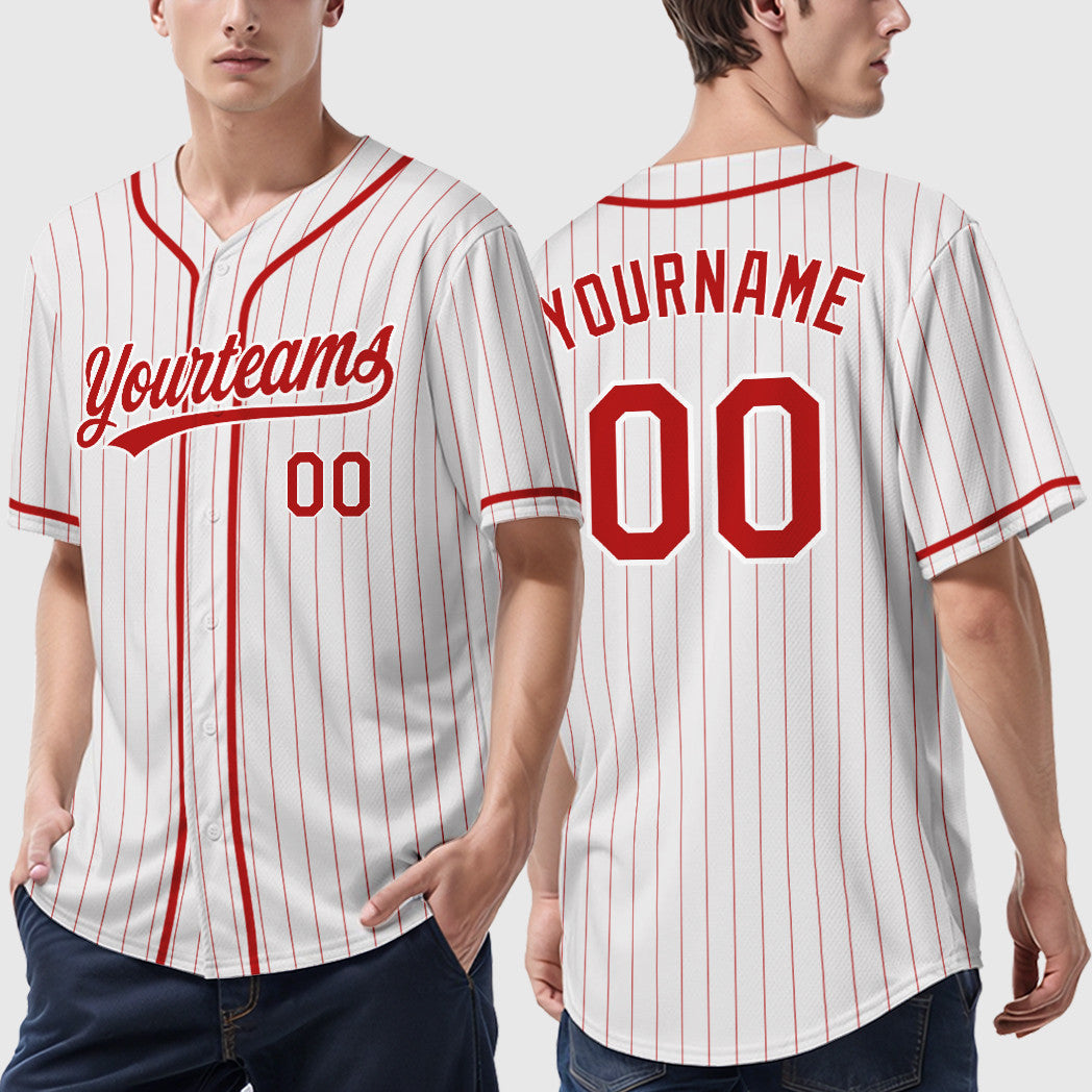 Custom White Red Red Piping Pinstripe Baseball Jersey