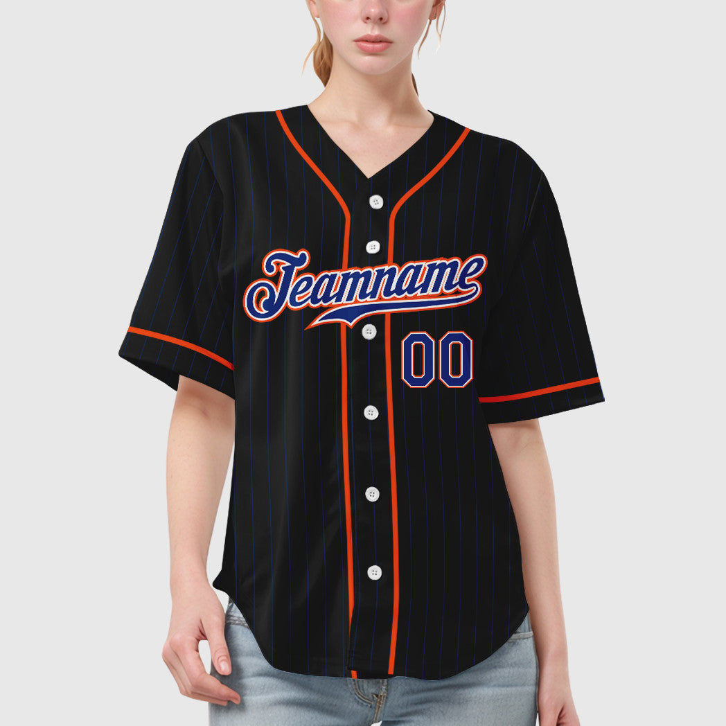 Custom Black Royal Royal-Orange Piping Pinstripe Baseball Jersey