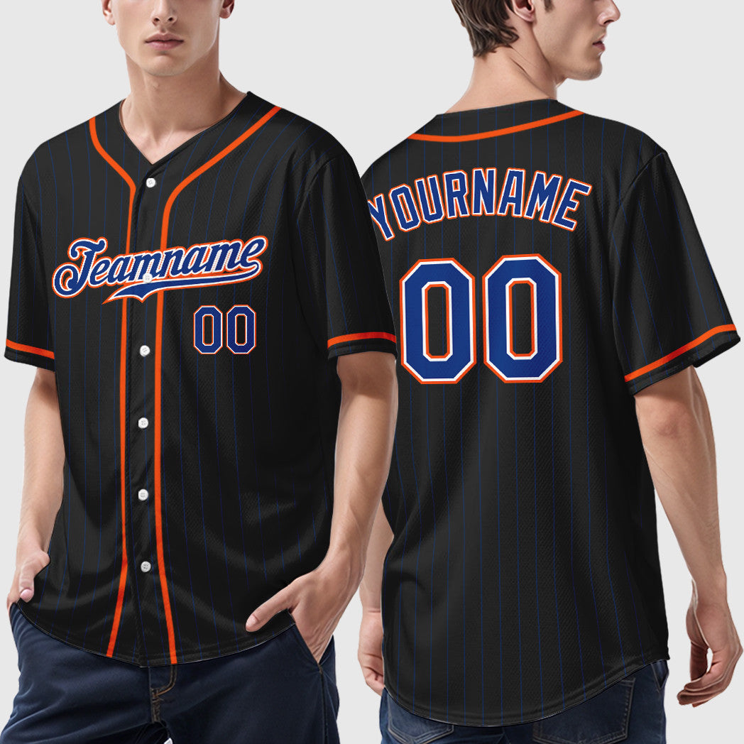 Custom Black Royal Royal-Orange Piping Pinstripe Baseball Jersey
