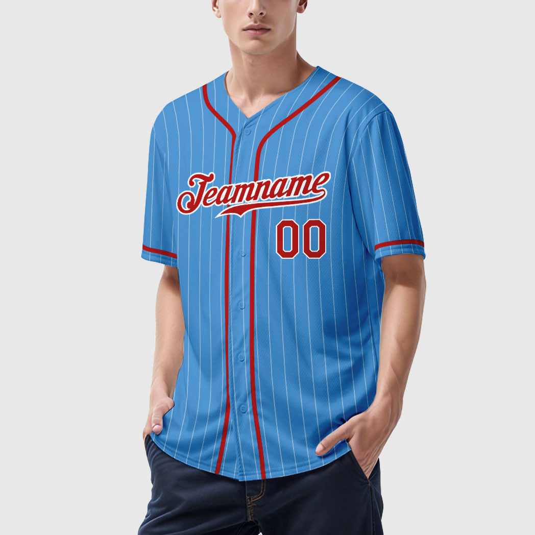 Custom Powder Blue White Red-White Piping Pinstripe Baseball Jersey