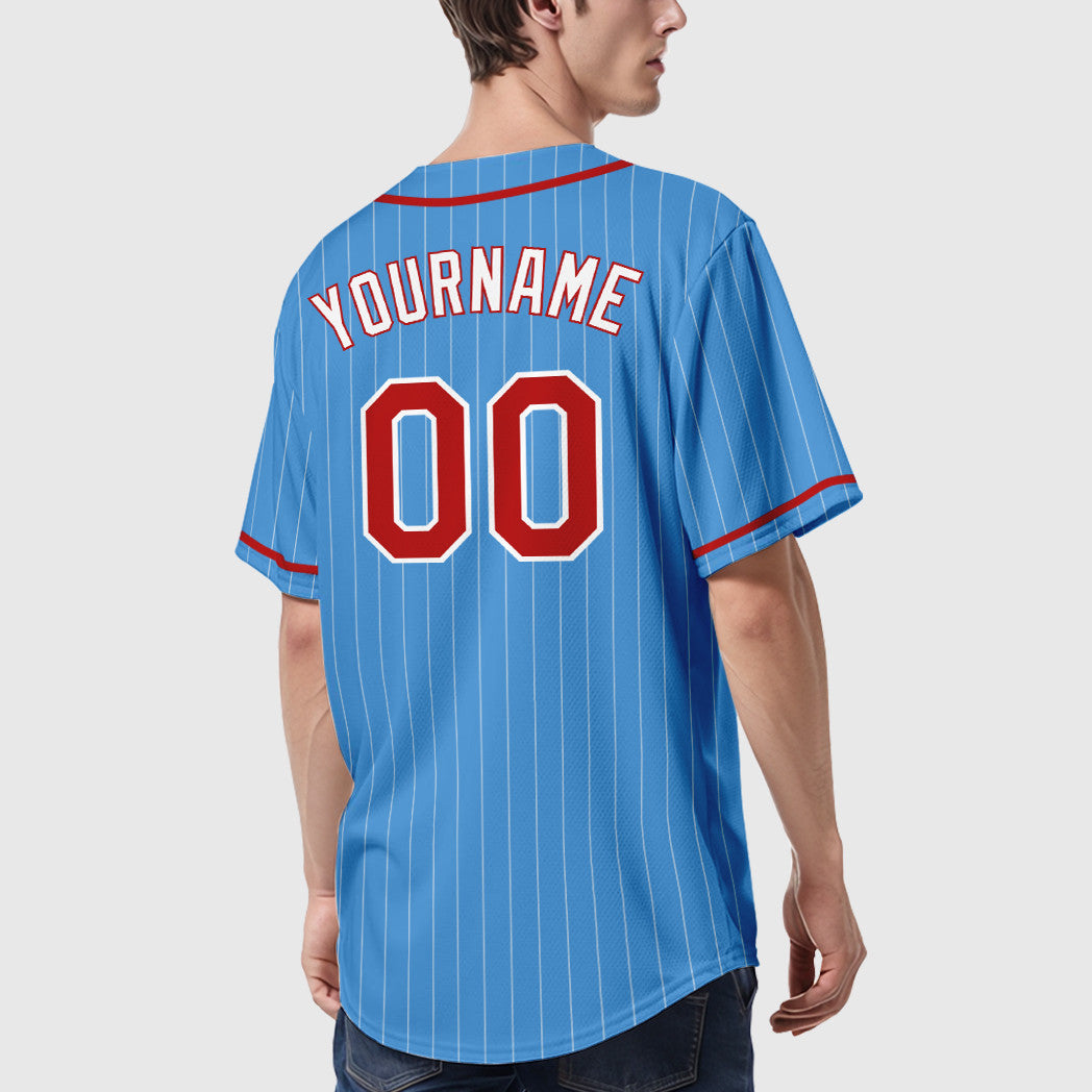 Custom Powder Blue White Red-White Piping Pinstripe Baseball Jersey