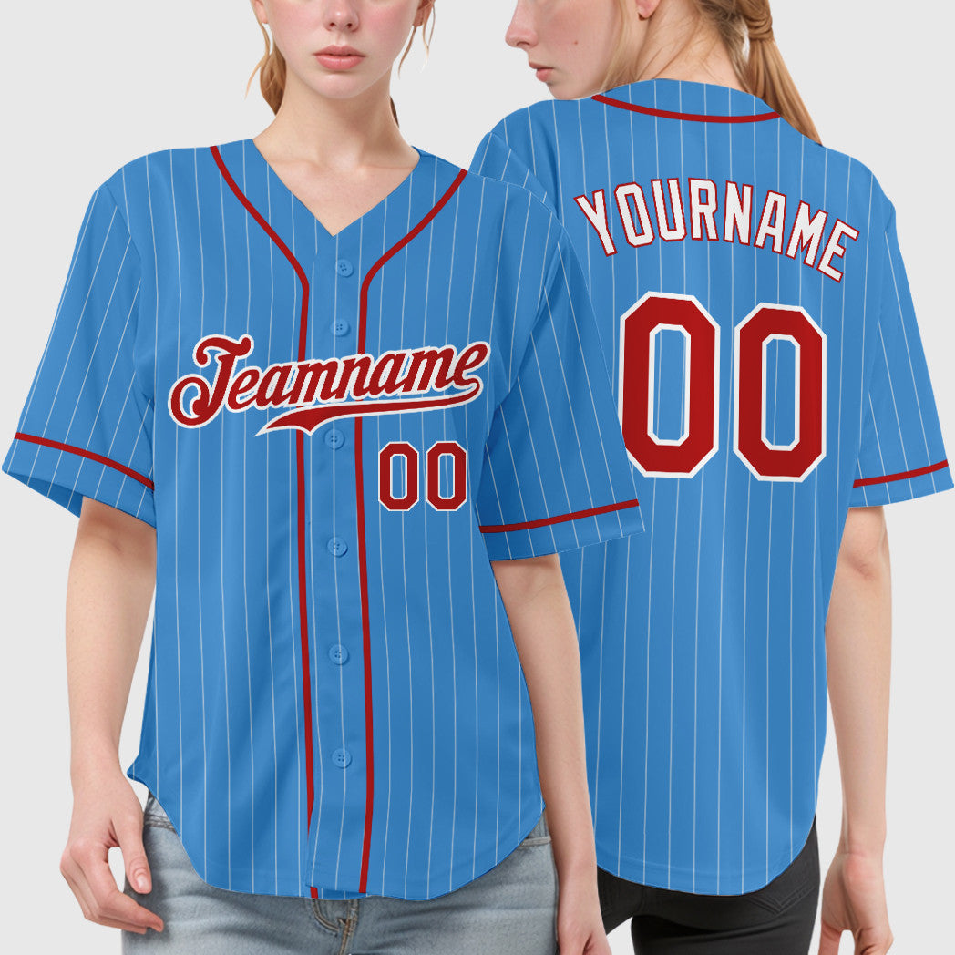 Custom Powder Blue White Red-White Piping Pinstripe Baseball Jersey