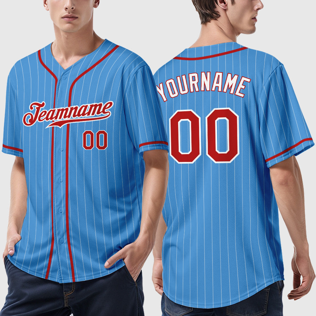 Custom Powder Blue White Red-White Piping Pinstripe Baseball Jersey