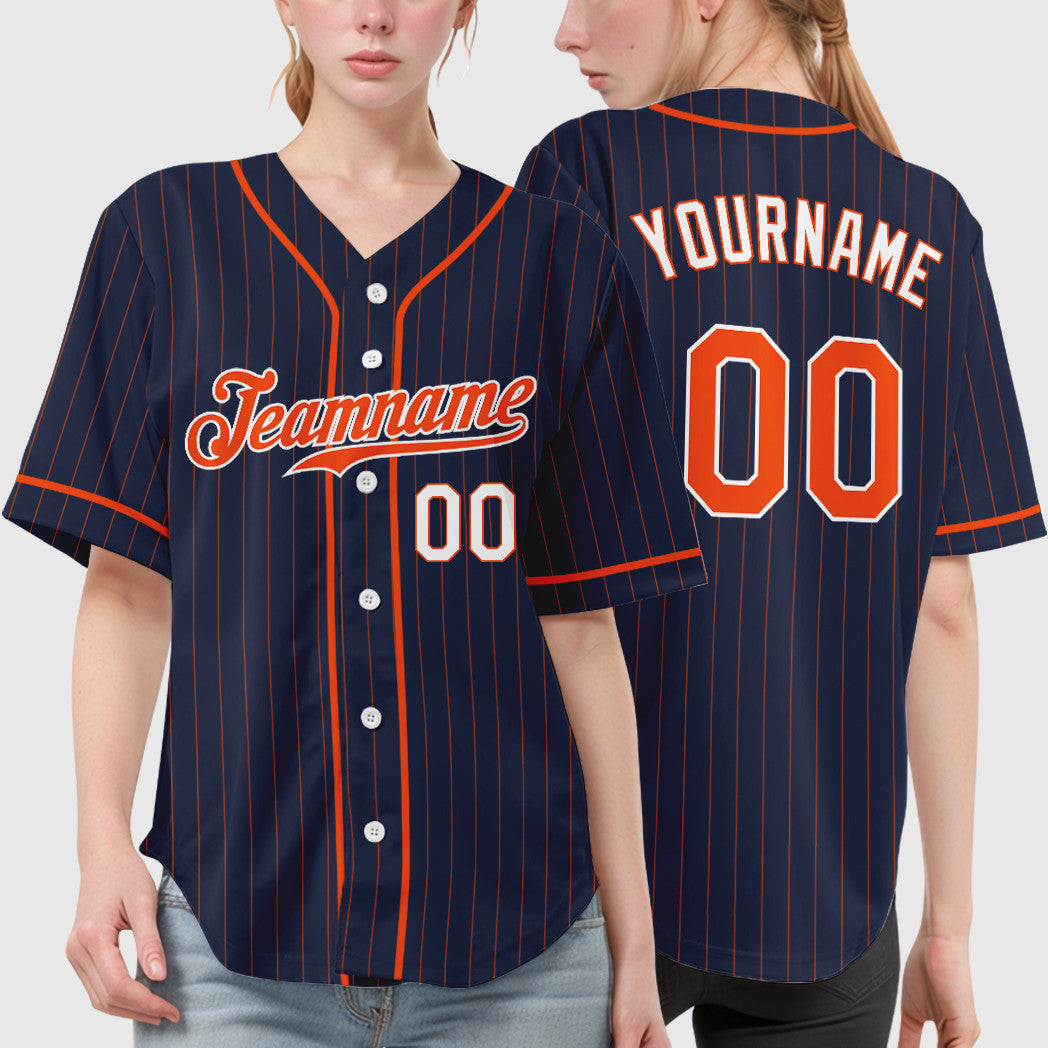 Custom Navy Orange Orange-White Piping Pinstripe Baseball Jersey