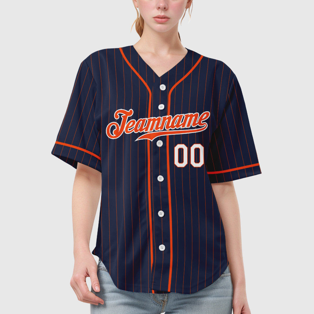 Custom Navy Orange Orange-White Piping Pinstripe Baseball Jersey