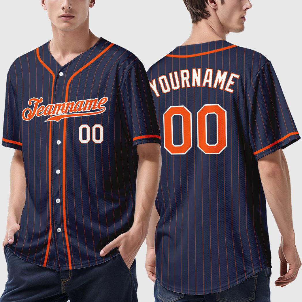 Custom Navy Orange Orange-White Piping Pinstripe Baseball Jersey