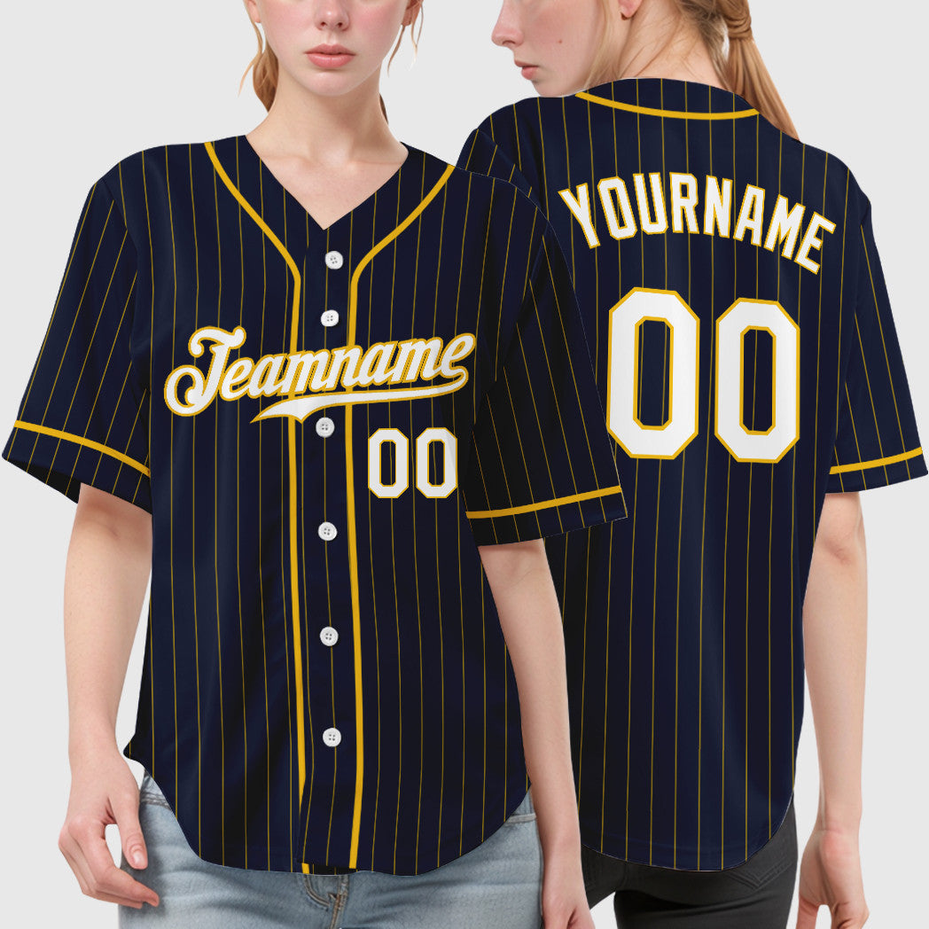 Custom Navy Yellow White Piping Pinstripe Baseball Jersey