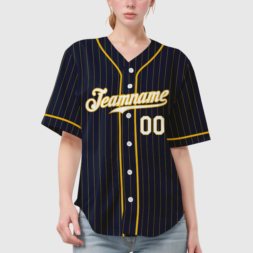 Custom Navy Yellow White Piping Pinstripe Baseball Jersey