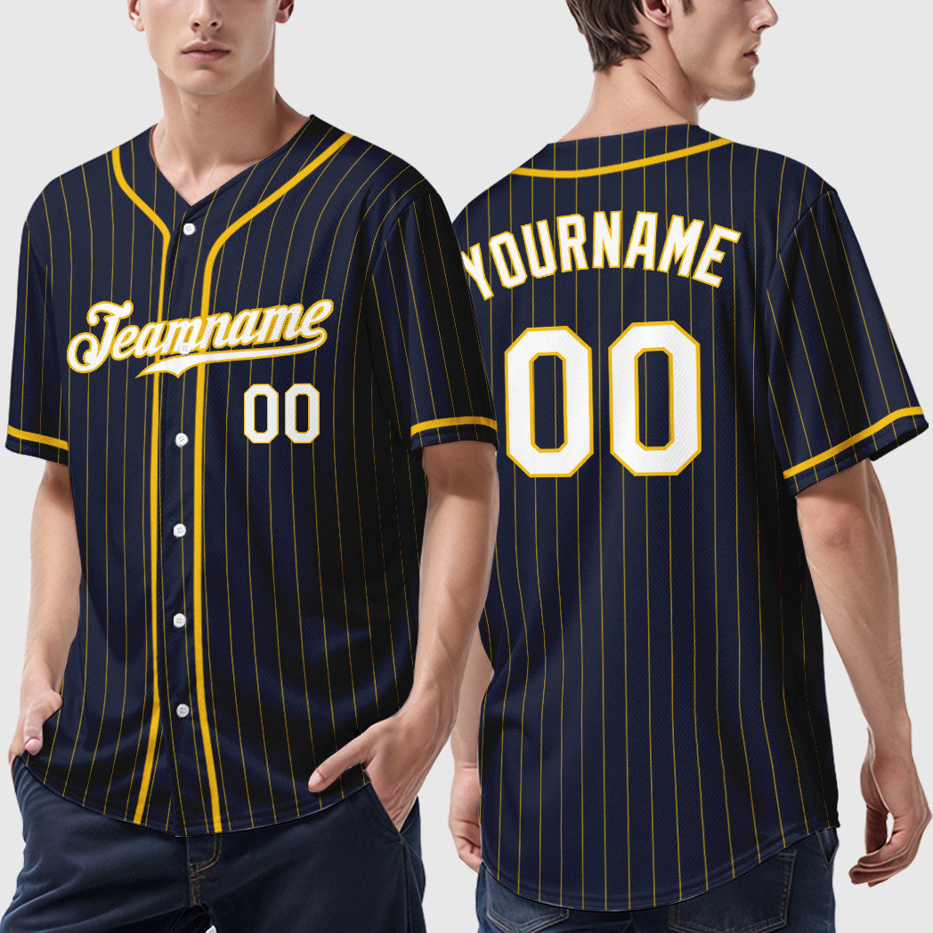 Custom Navy Yellow White Piping Pinstripe Baseball Jersey