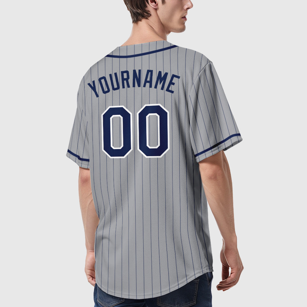 Custom Gray Navy Navy-White Piping Pinstripe Baseball Jersey