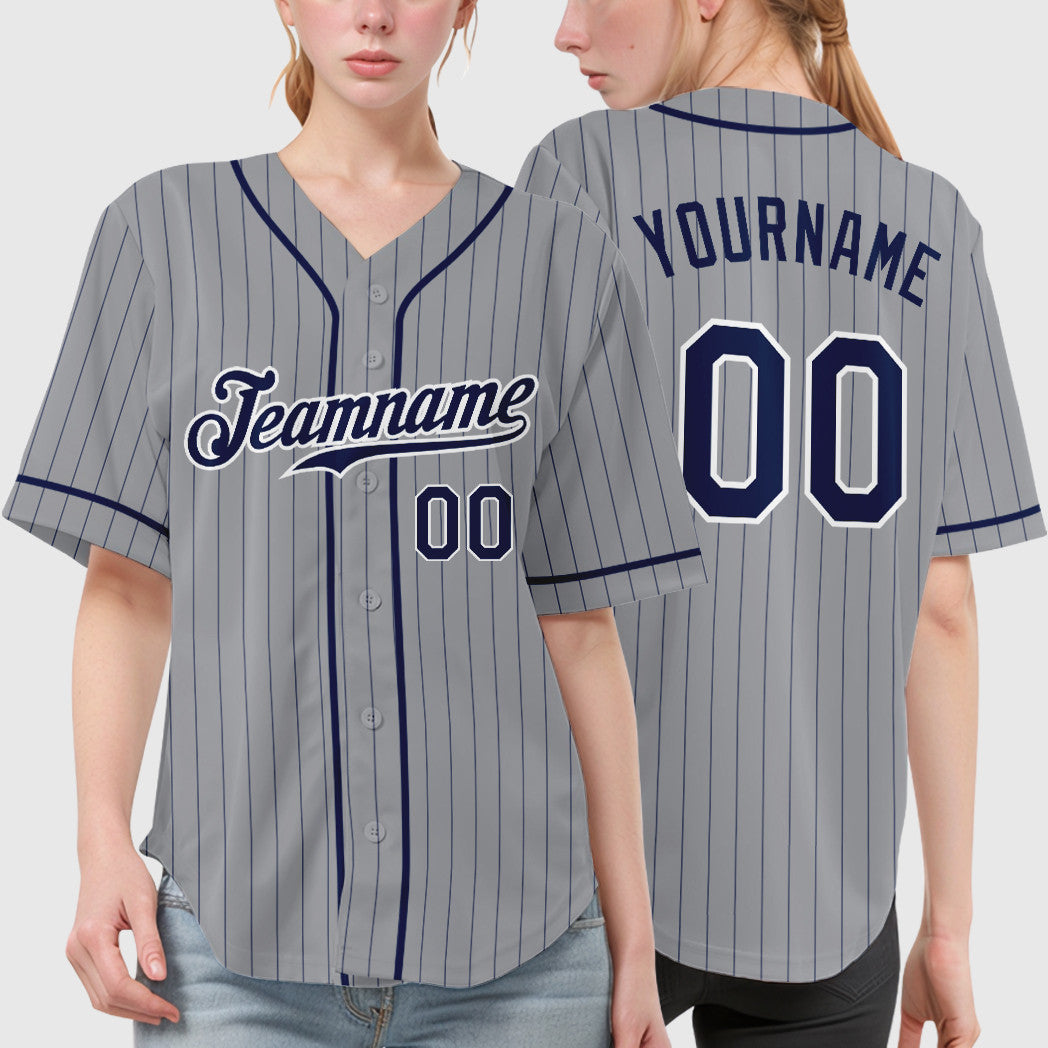 Custom Gray Navy Navy-White Piping Pinstripe Baseball Jersey