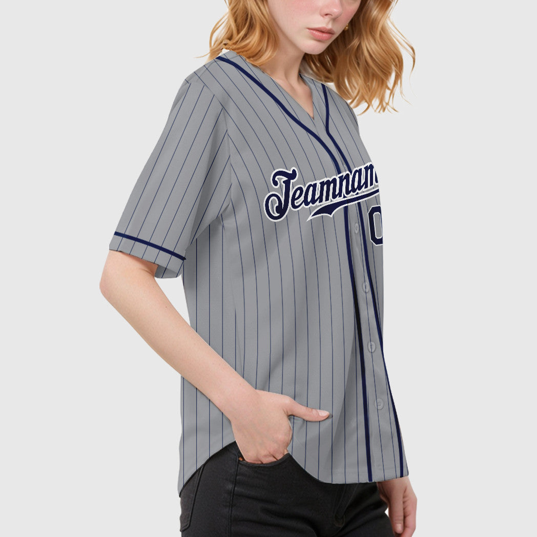 Custom Gray Navy Navy-White Piping Pinstripe Baseball Jersey