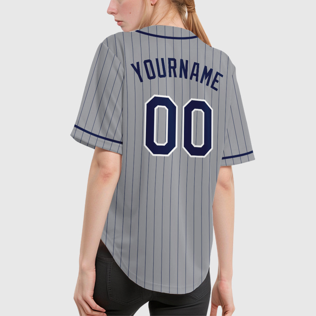Custom Gray Navy Navy-White Piping Pinstripe Baseball Jersey