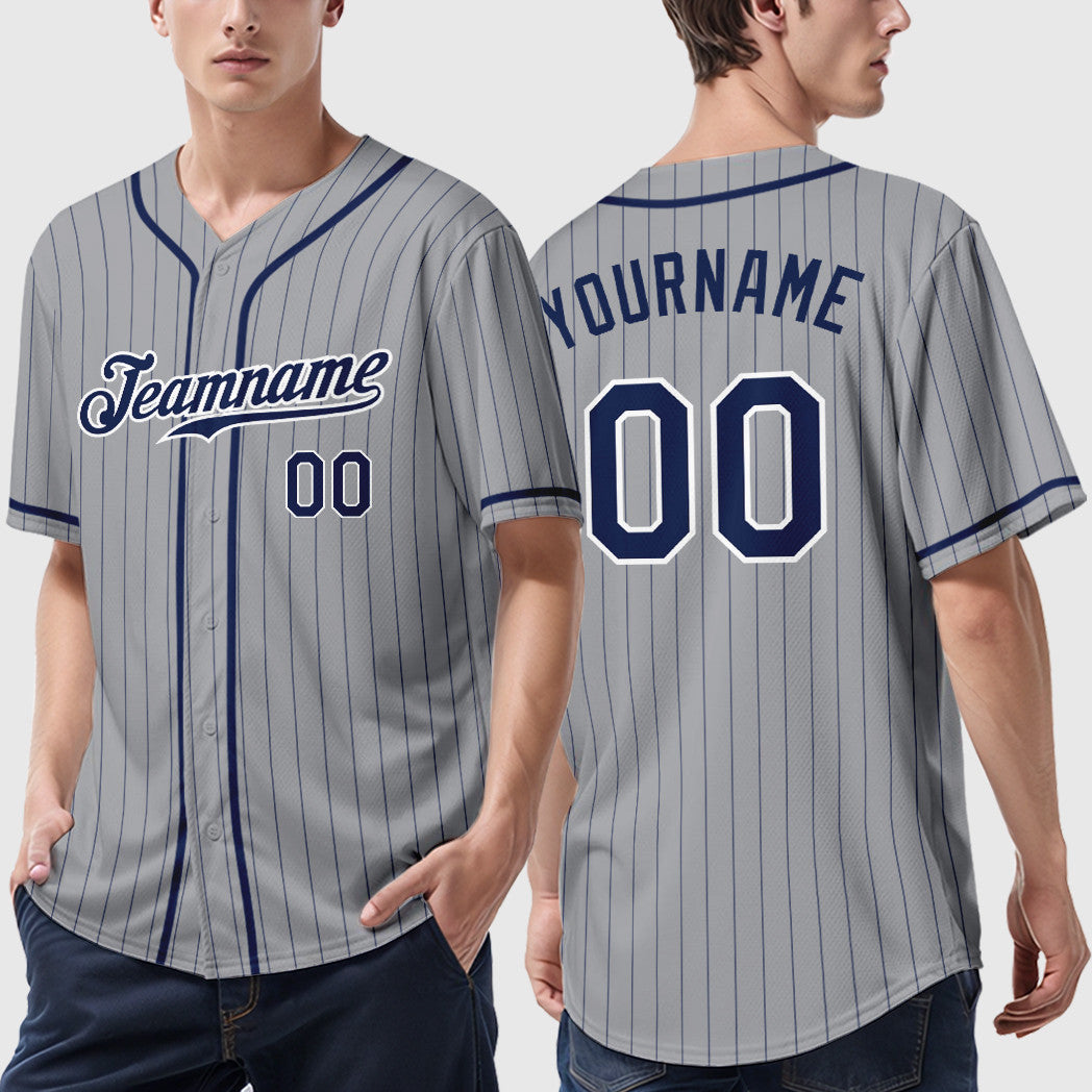 Custom Gray Navy Navy-White Piping Pinstripe Baseball Jersey