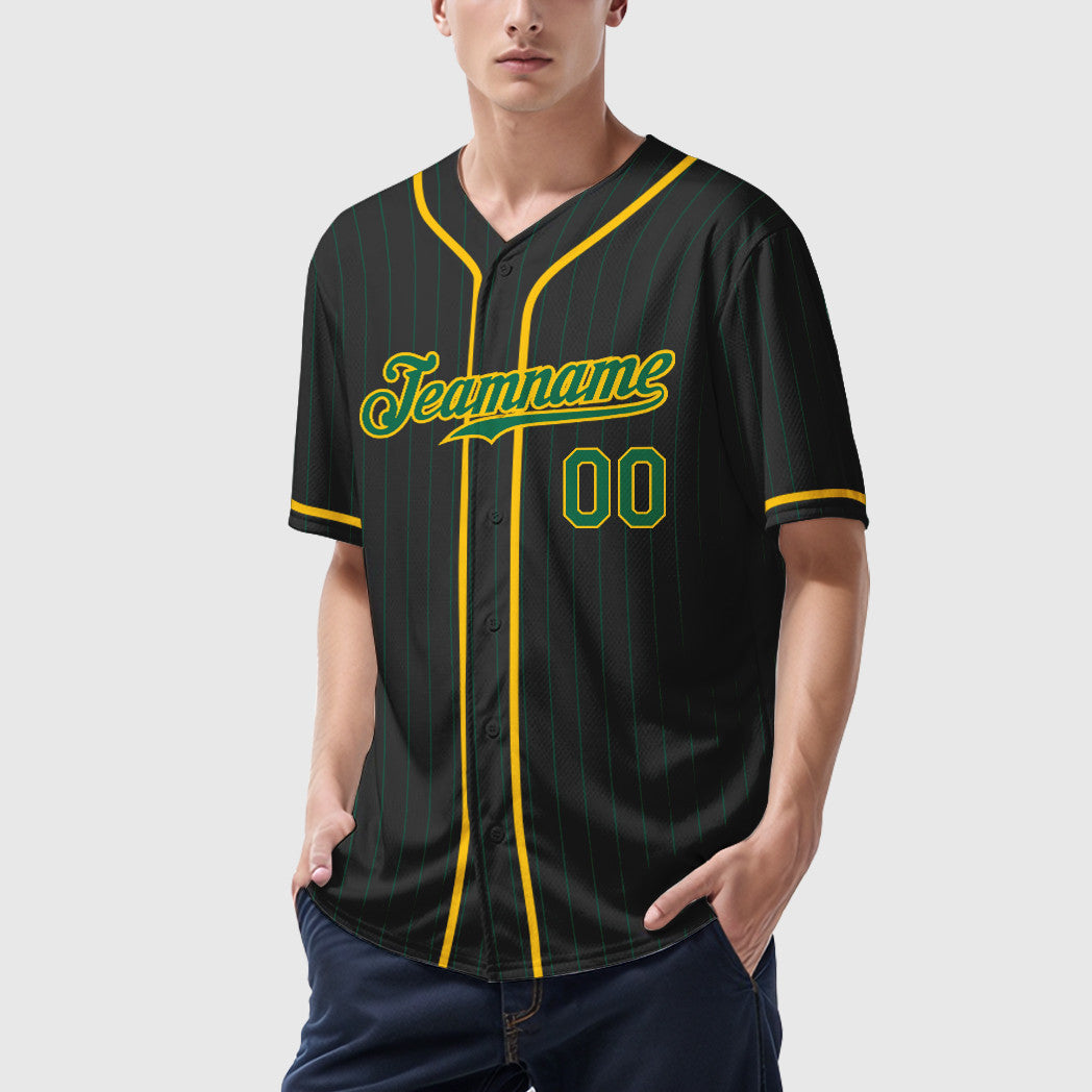 Custom Black Kelly Green Kelly Green-Gold Piping Pinstripe Baseball Jersey
