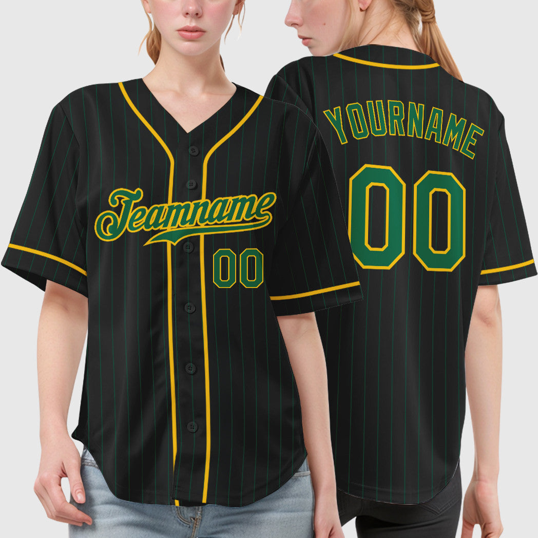 Custom Black Kelly Green Kelly Green-Gold Piping Pinstripe Baseball Jersey