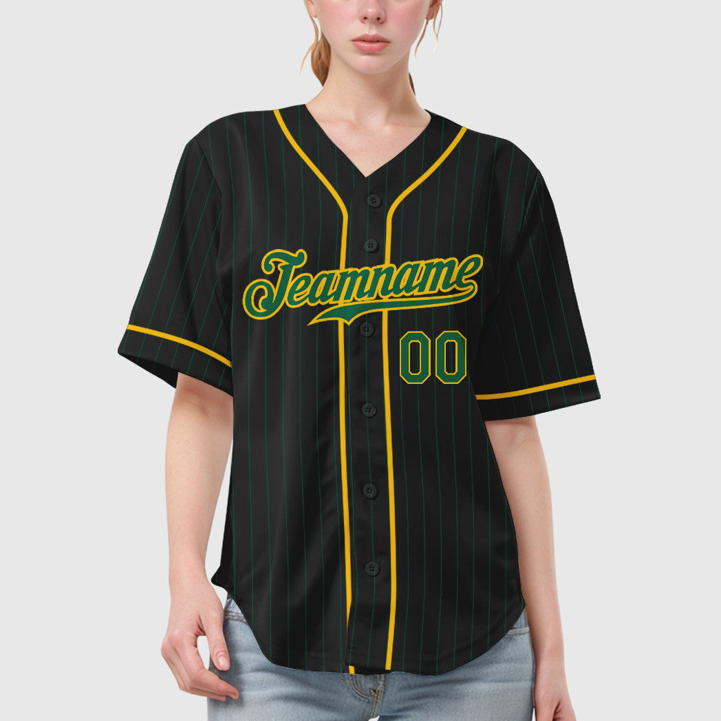 Custom Black Kelly Green Kelly Green-Gold Piping Pinstripe Baseball Jersey