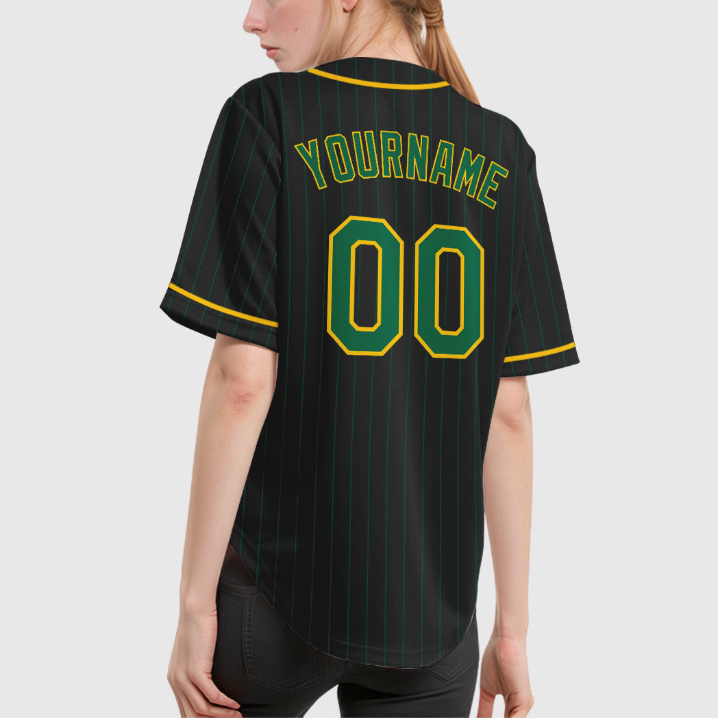 Custom Black Kelly Green Kelly Green-Gold Piping Pinstripe Baseball Jersey