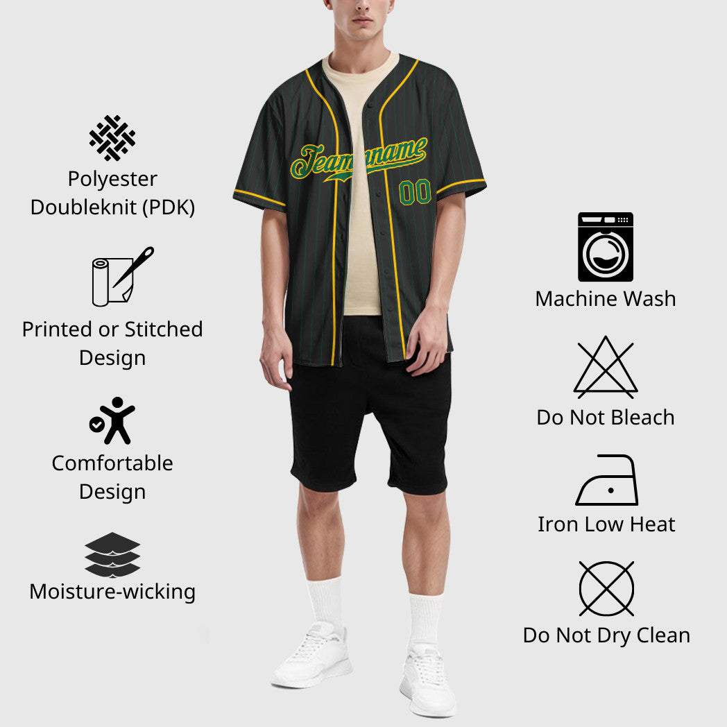 Custom Black Kelly Green Kelly Green-Gold Piping Pinstripe Baseball Jersey