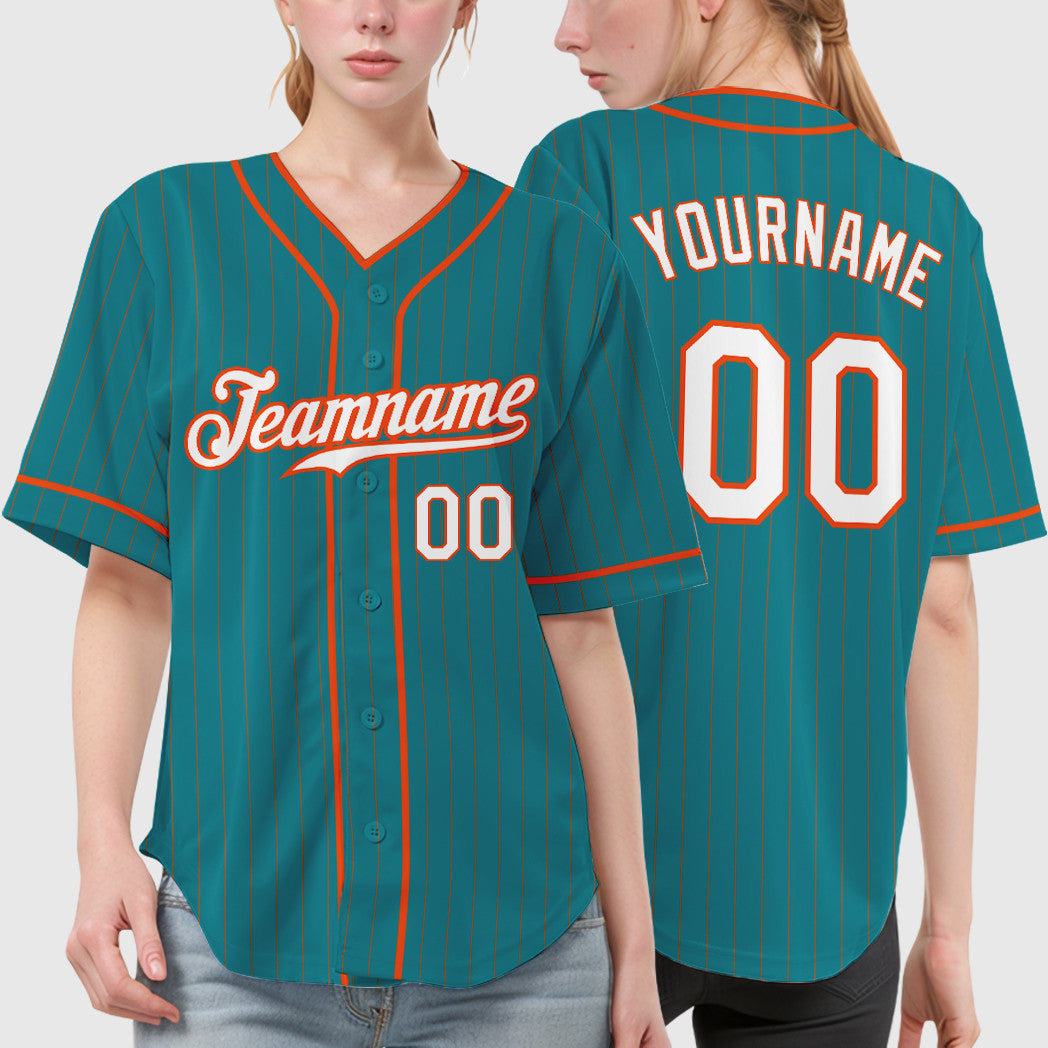 Custom Teal Orange White-Orange Piping Pinstripe Baseball Jersey