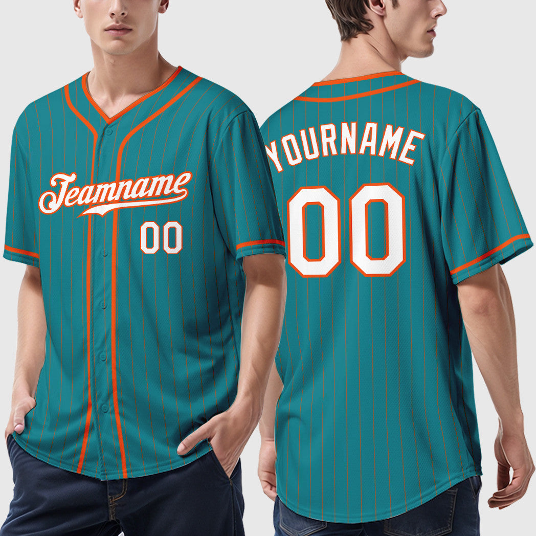 Custom Teal Orange White-Orange Piping Pinstripe Baseball Jersey