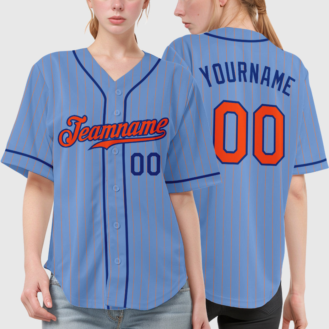 Custom Light Blue Orange Orange-Royal Piping Pinstripe Baseball Jersey