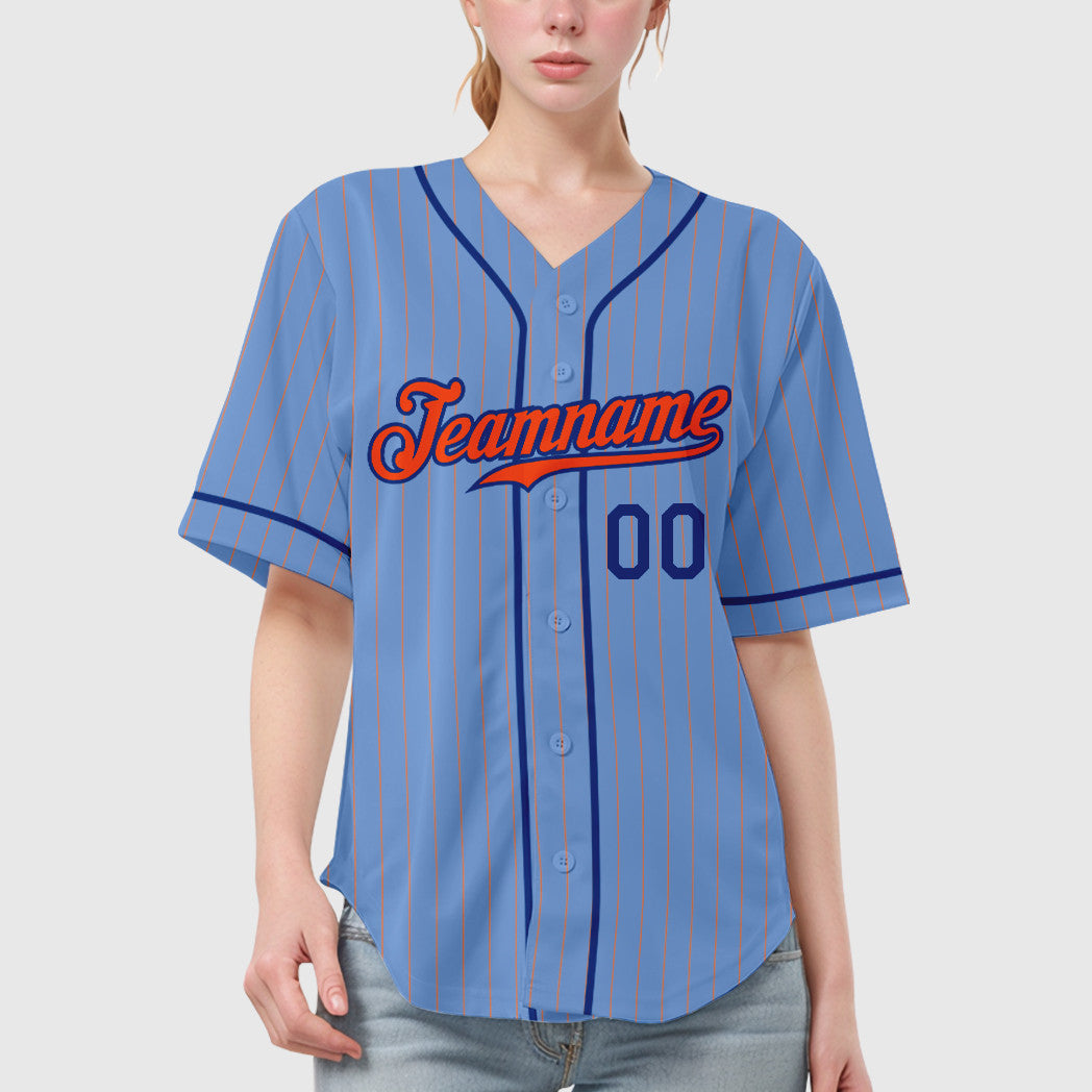 Custom Light Blue Orange Orange-Royal Piping Pinstripe Baseball Jersey