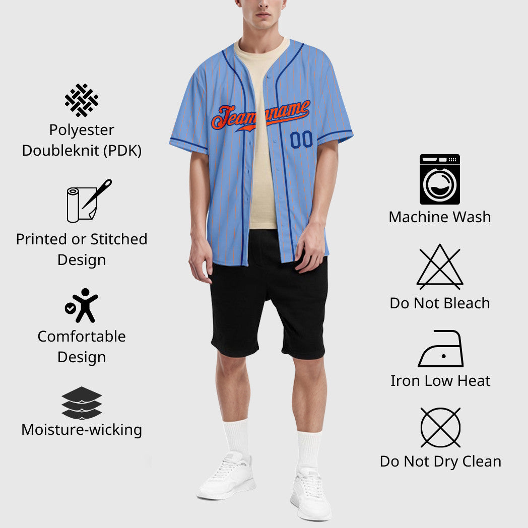 Custom Light Blue Orange Orange-Royal Piping Pinstripe Baseball Jersey