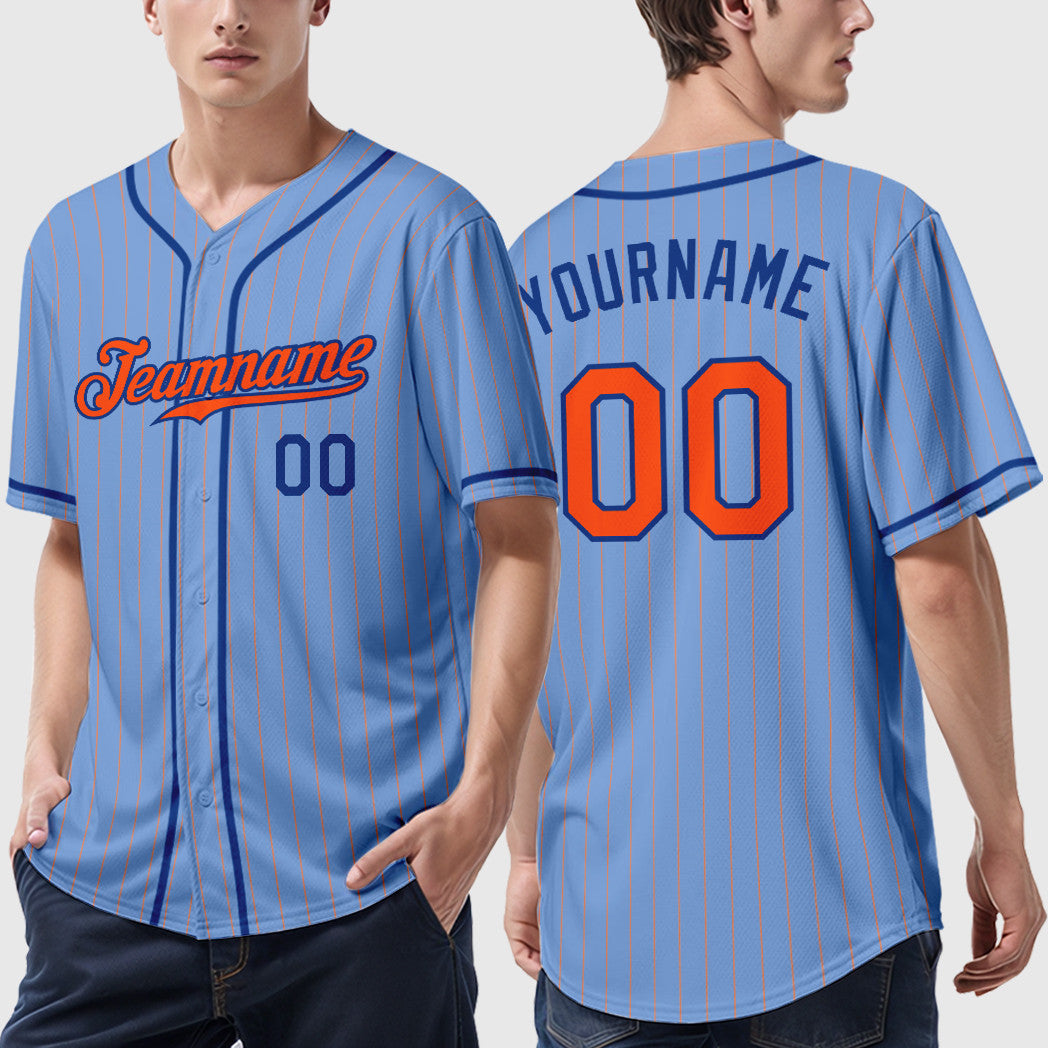 Custom Light Blue Orange Orange-Royal Piping Pinstripe Baseball Jersey