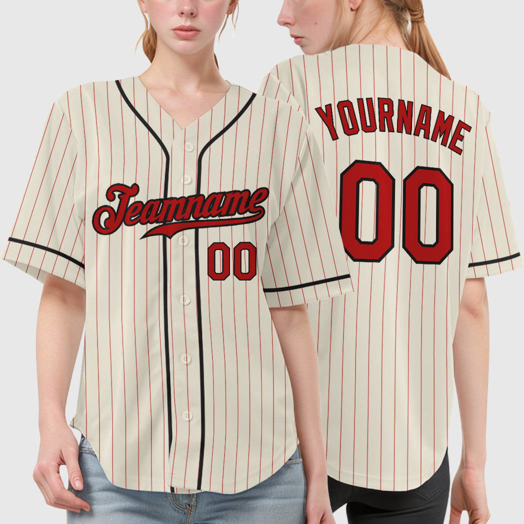 Custom Cream Red Red-Black Piping Pinstripe Baseball Jersey
