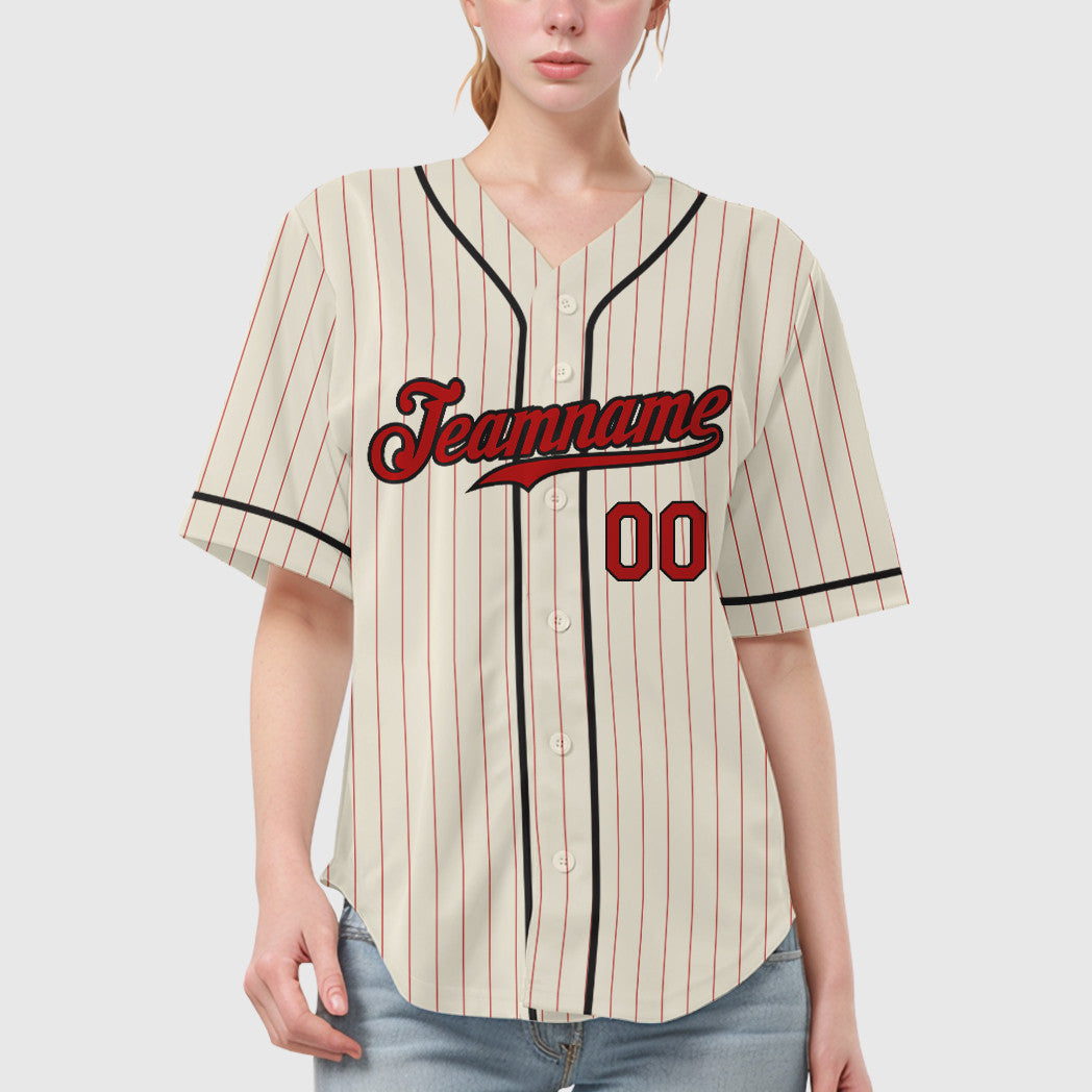 Custom Cream Red Red-Black Piping Pinstripe Baseball Jersey