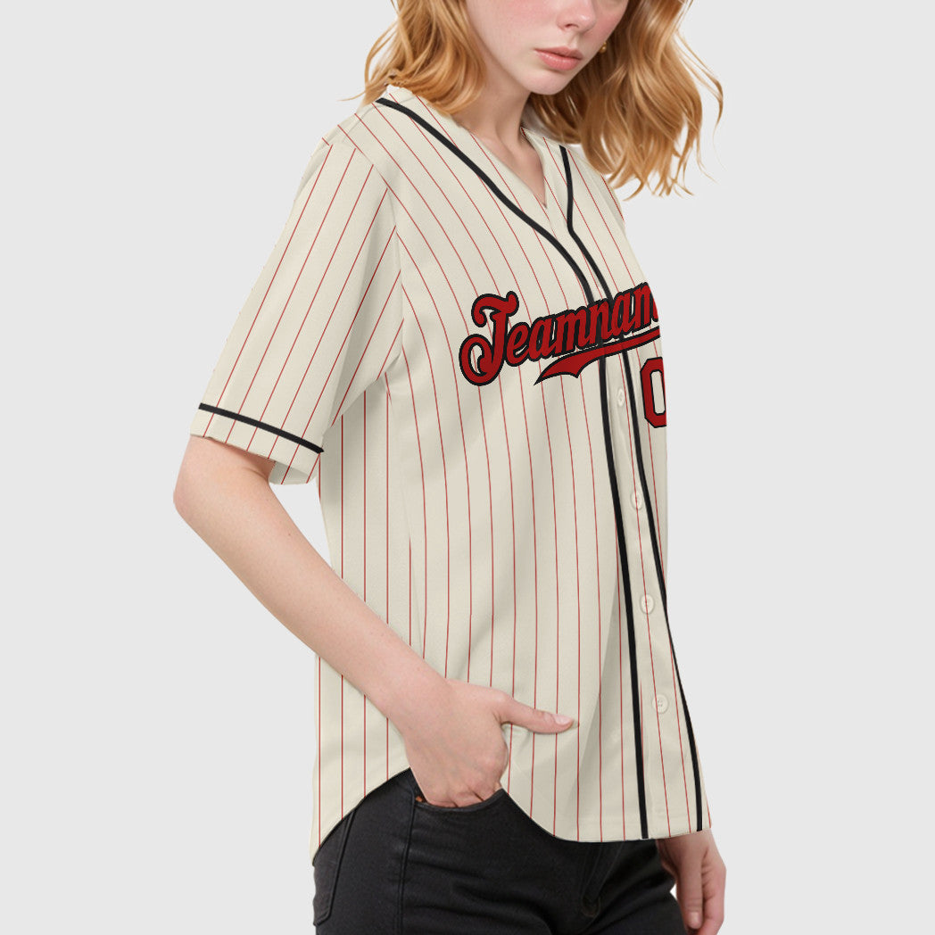 Custom Cream Red Red-Black Piping Pinstripe Baseball Jersey