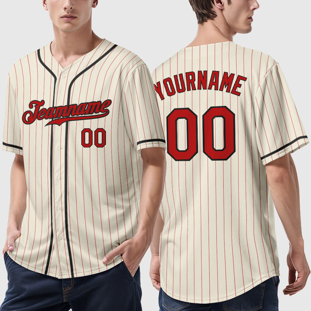 Custom Cream Red Red-Black Piping Pinstripe Baseball Jersey