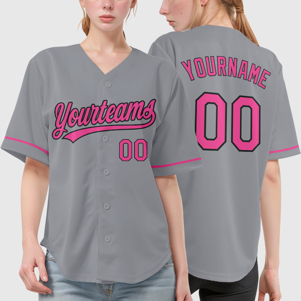 Custom Gray Black Pink Baseball Jersey