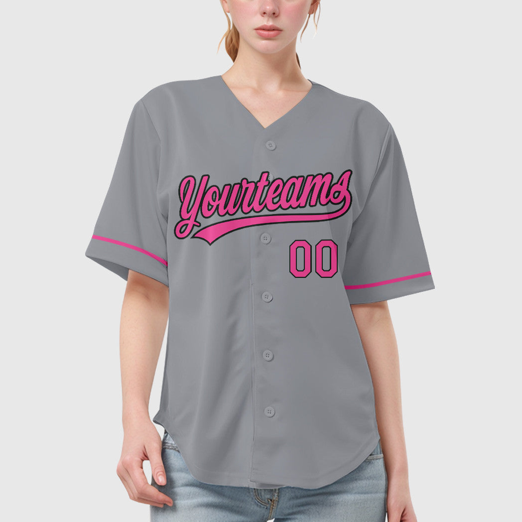 Custom Gray Black Pink Baseball Jersey