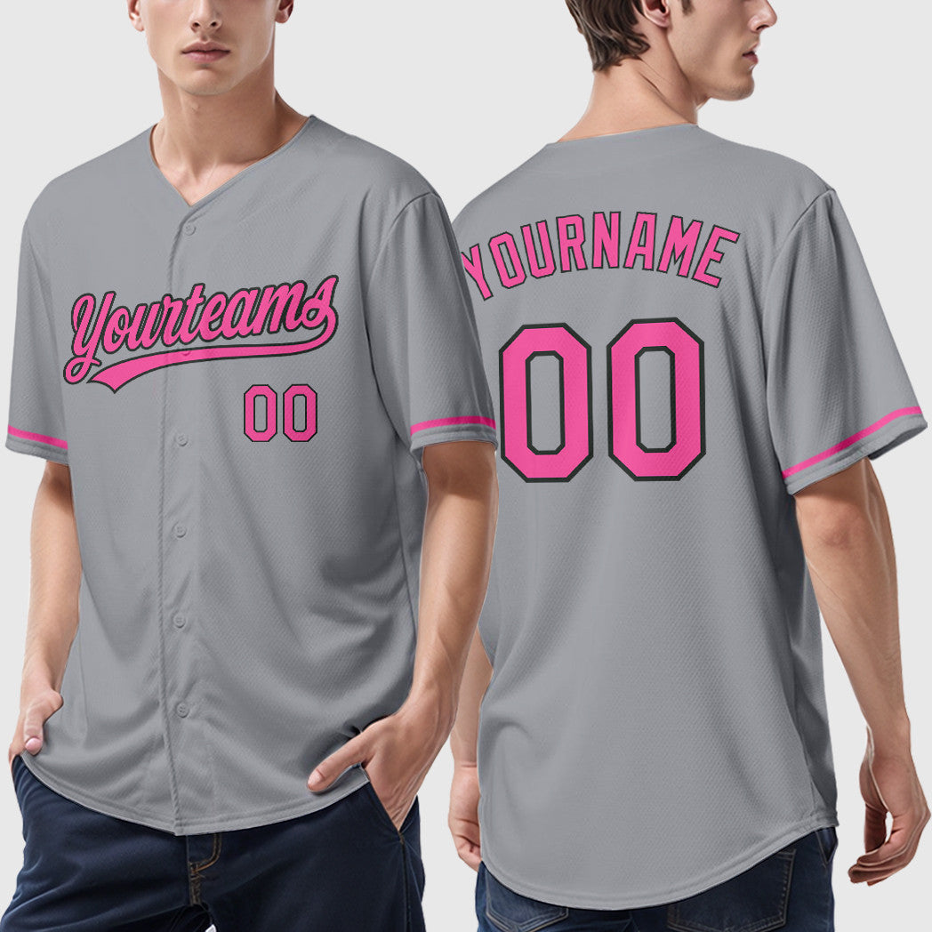 Custom Gray Black Pink Baseball Jersey