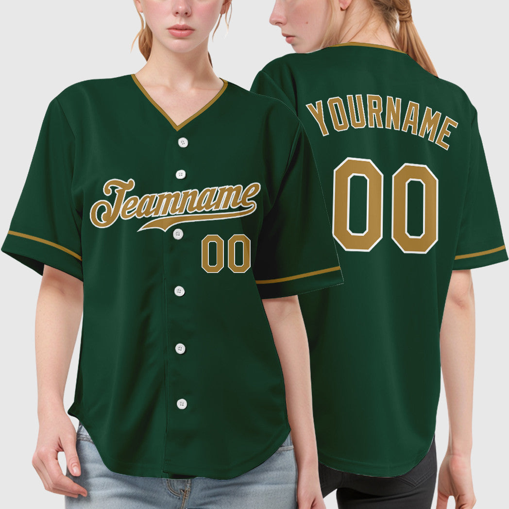 Custom Green White Old Gold-White Collar Sleeve Baseball Jersey