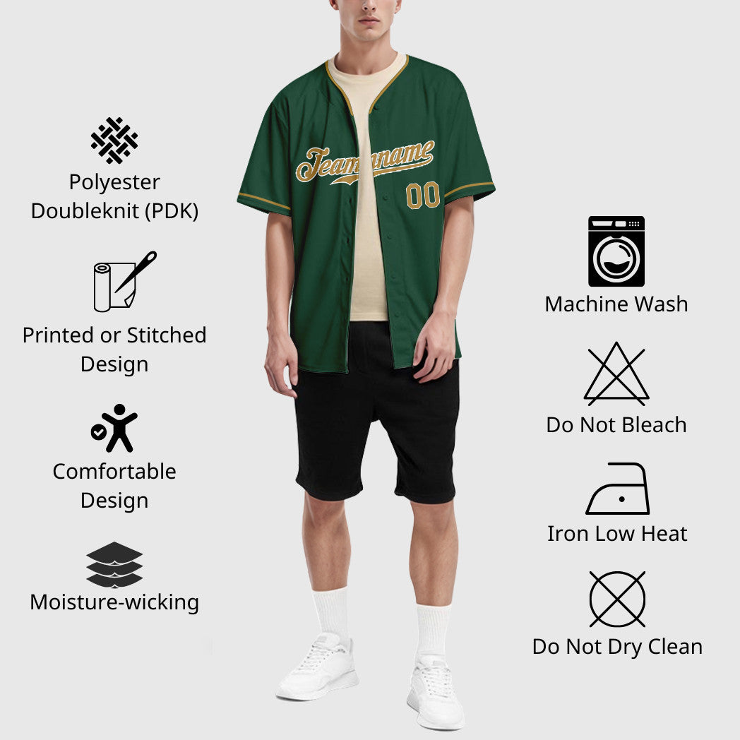 Custom Green White Old Gold-White Collar Sleeve Baseball Jersey