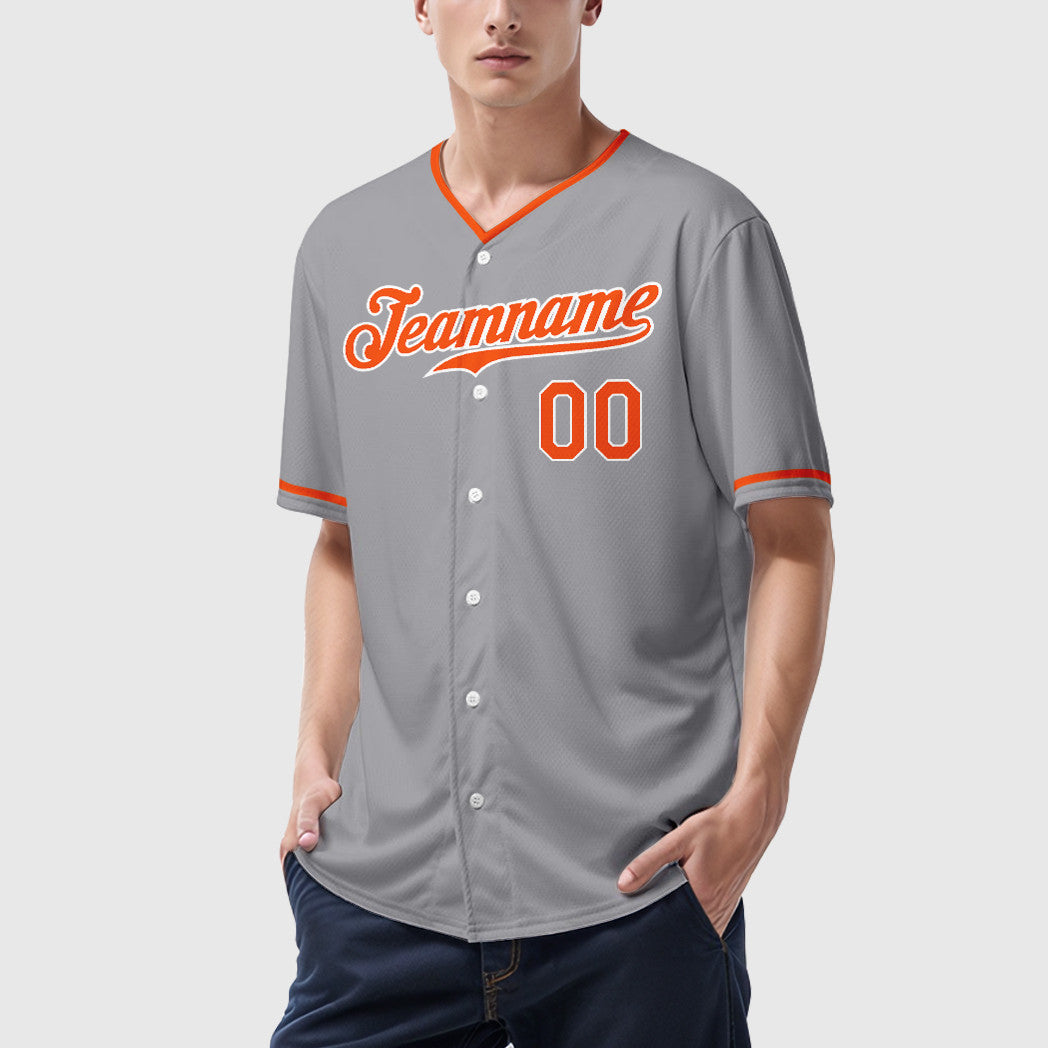 Custom Gray White Orange Collar Sleeve Baseball Jersey