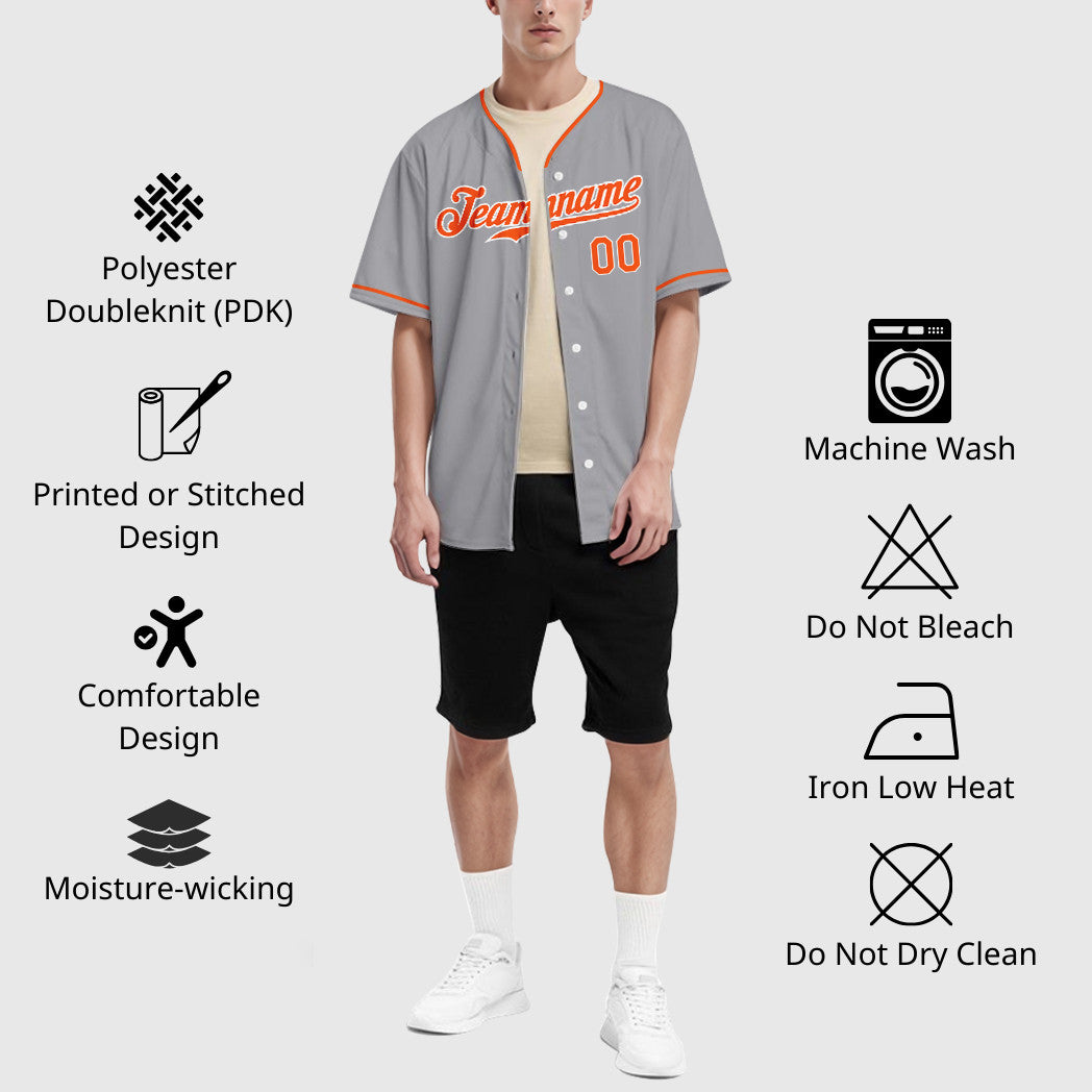 Custom Gray White Orange Collar Sleeve Baseball Jersey