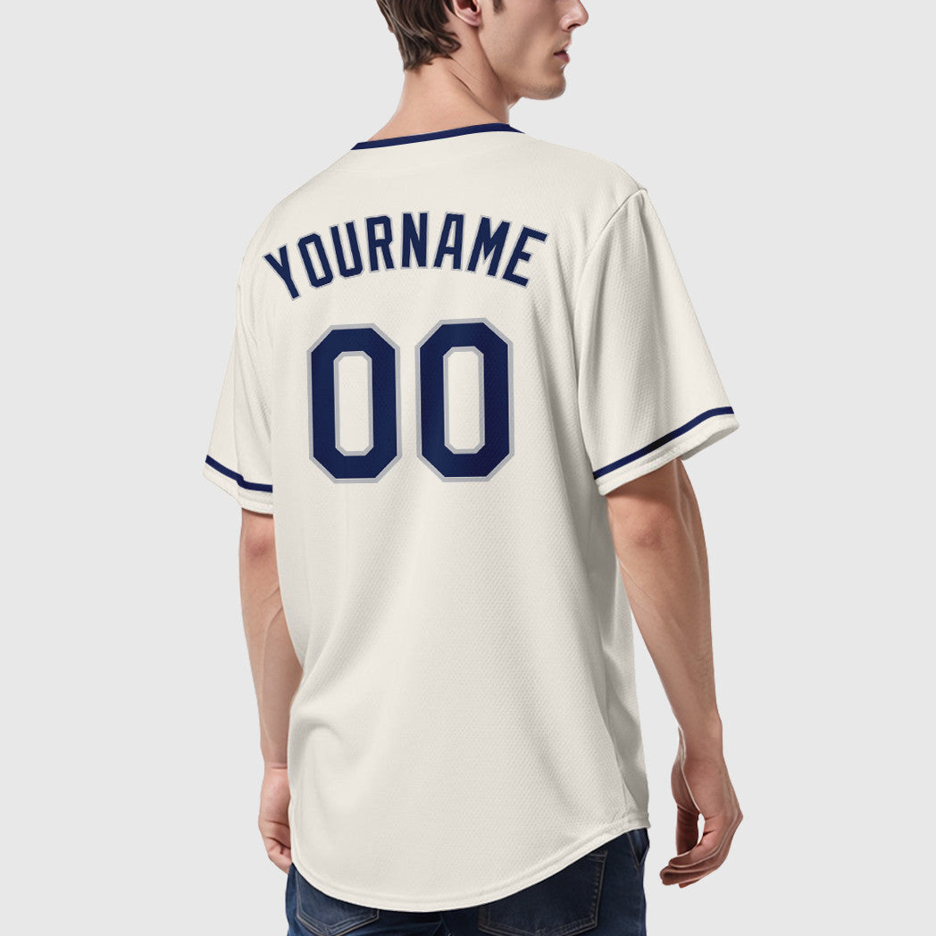 Custom Cream Gray Navy Collar Sleeve Baseball Jersey