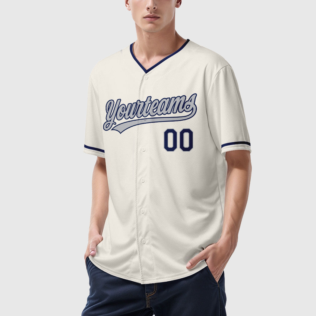 Custom Cream Gray Navy Collar Sleeve Baseball Jersey