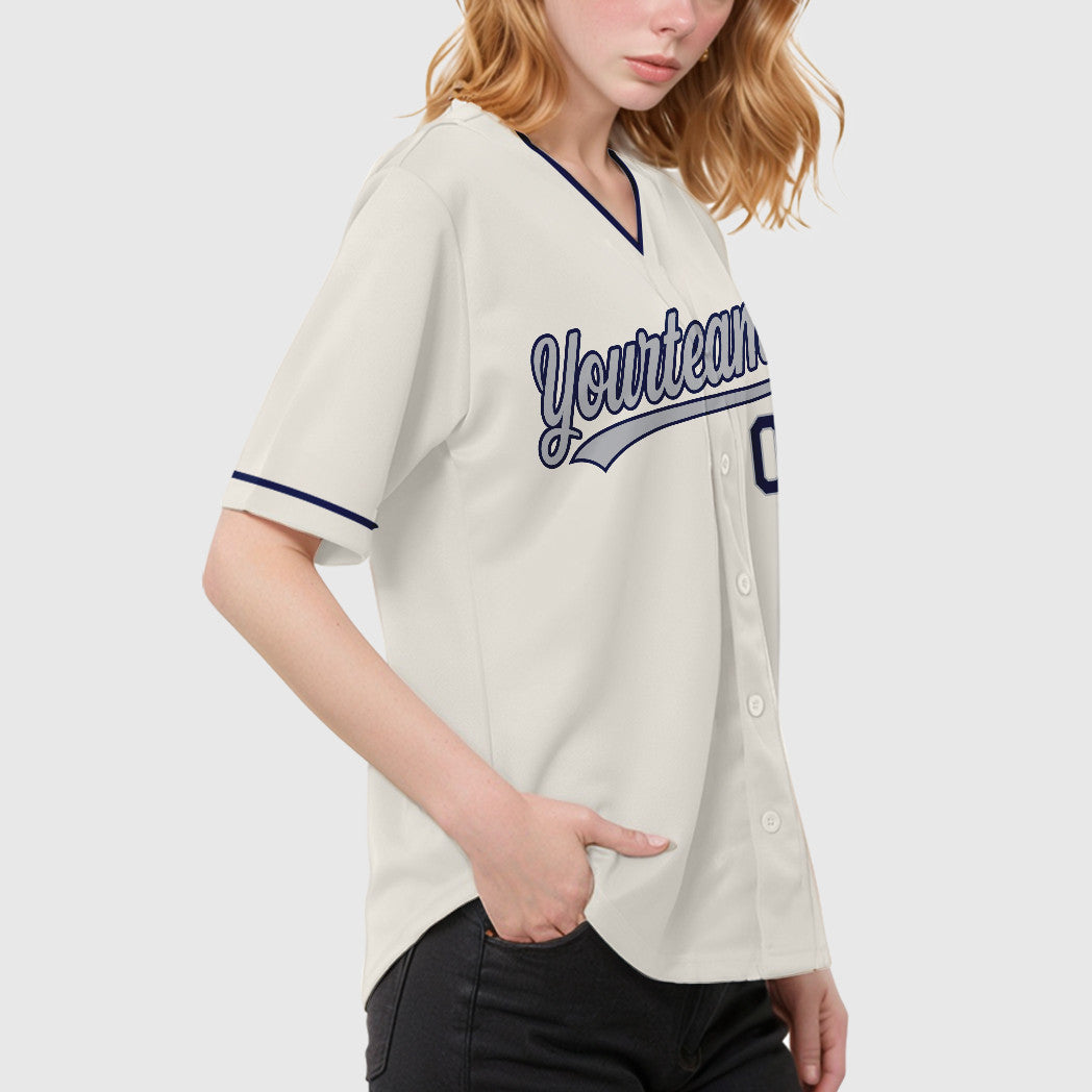 Custom Cream Gray Navy Collar Sleeve Baseball Jersey