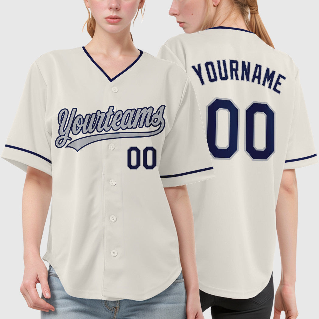 Custom Cream Gray Navy Collar Sleeve Baseball Jersey