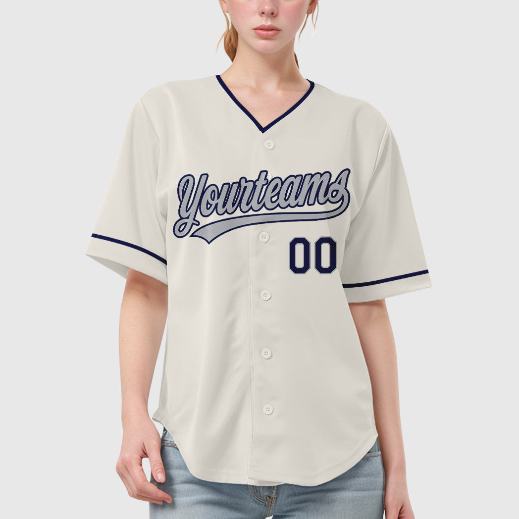 Custom Cream Gray Navy Collar Sleeve Baseball Jersey