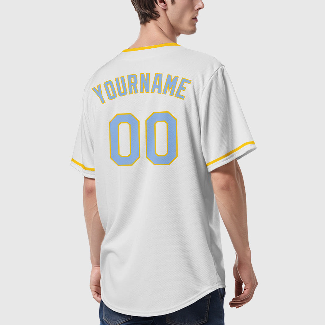 Custom White Light Blue Light Blue-Yellow Collar Sleeve Baseball Jersey
