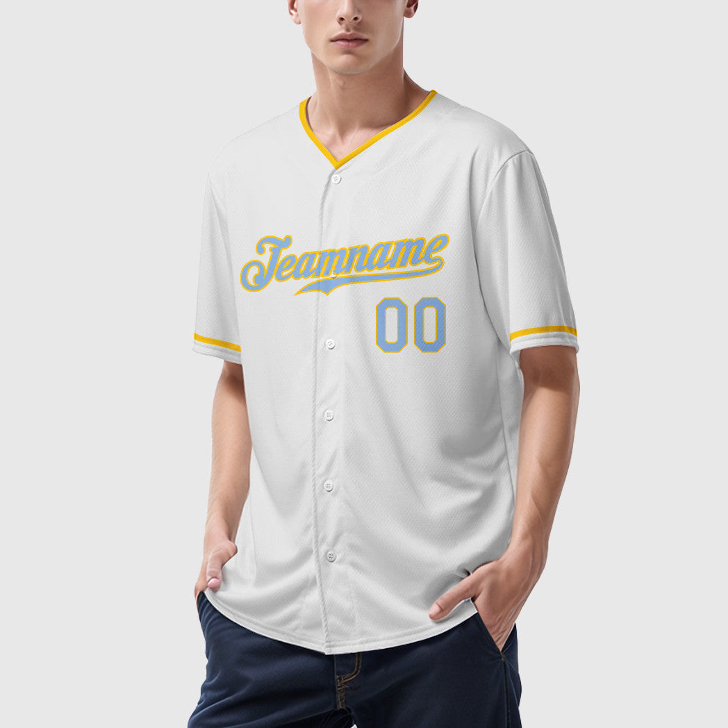 Custom White Light Blue Light Blue-Yellow Collar Sleeve Baseball Jersey