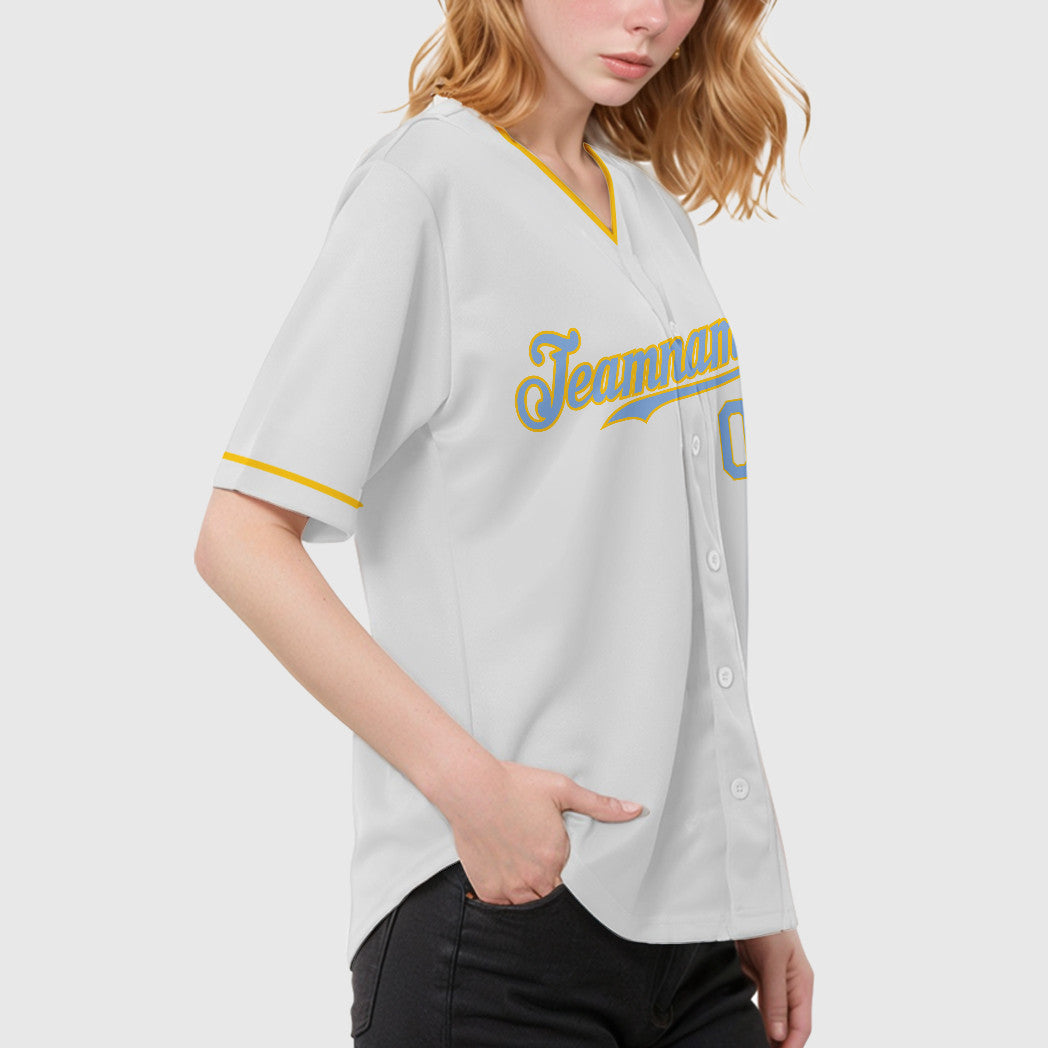 Custom White Light Blue Light Blue-Yellow Collar Sleeve Baseball Jersey